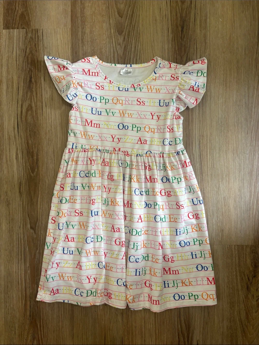 Girls' Alphabet Print Flutter Sleeve Dress - White with Rainbow Letters
